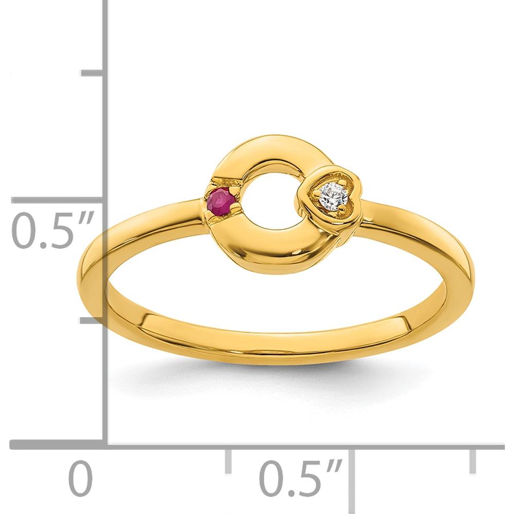 14K Yellow Gold Circle Ring with Heart Bezel Diamond and Ruby Birthstone Accent by 0