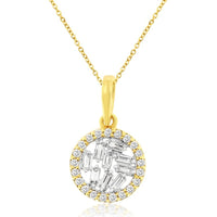 14K Yellow Gold Circular Halo Pendant with Geometric Baguette and Round Diamond Cluster - 0.21 Carat Total Diamond Weight - Royal Jewelry