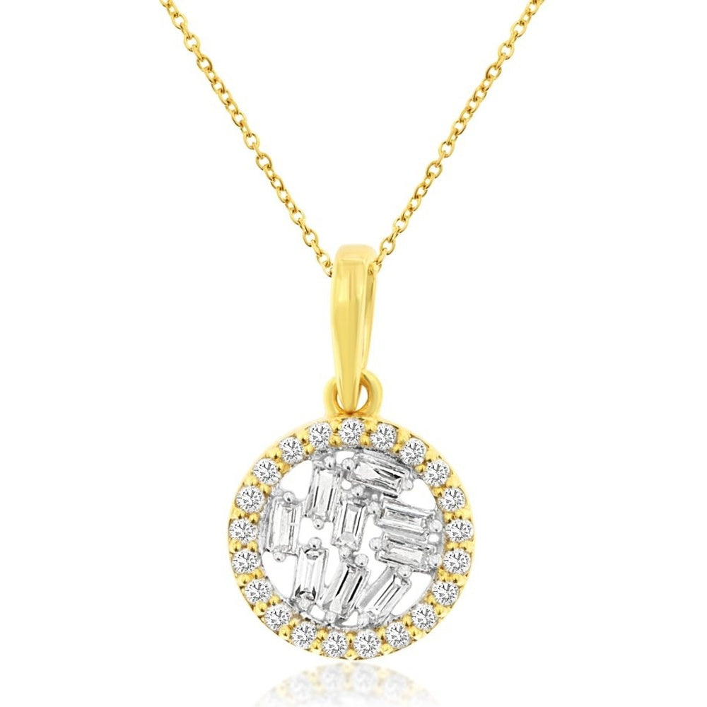 14K Yellow Gold Circular Halo Pendant with Geometric Baguette and Round Diamond Cluster - 0.21 Carat Total Diamond Weight - Royal Jewelry