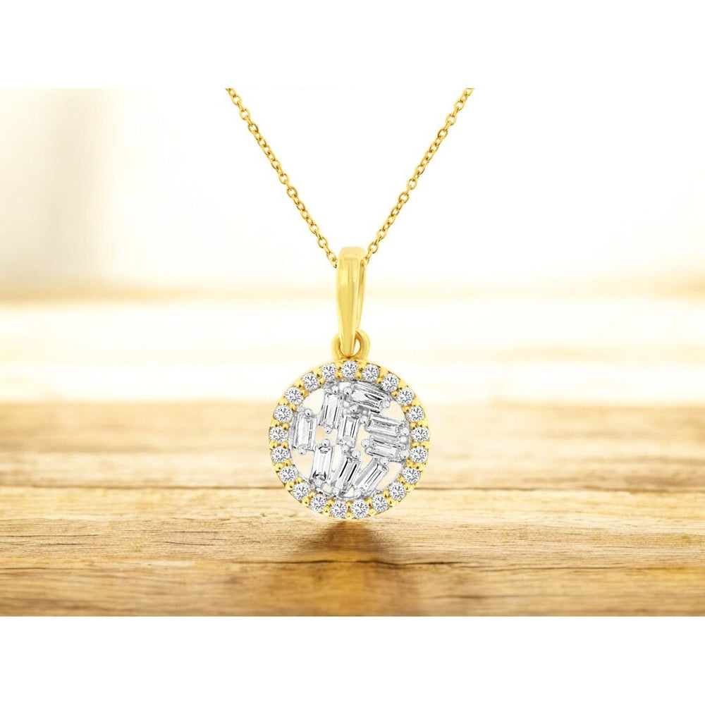 14K Yellow Gold Circular Halo Pendant with Geometric Baguette and Round Diamond Cluster - 0.21 Carat Total Diamond Weight - Royal Jewelry