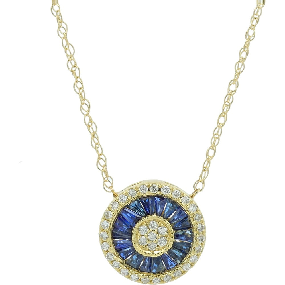 14K Yellow Gold Circular Pendant Necklace with Baguette Sapphires and Diamond Halo - 0.15 Carat Total Diamond Weight