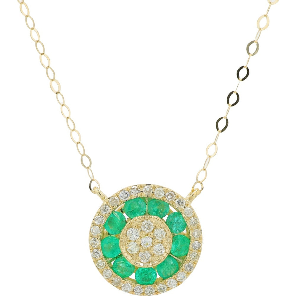 14K Yellow Gold Circular Pendant with Halo Set Round Emerald and Diamond Cluster - 0.50 Carat Total Emerald Weight and 0.15 Carat Total Diamond Weight