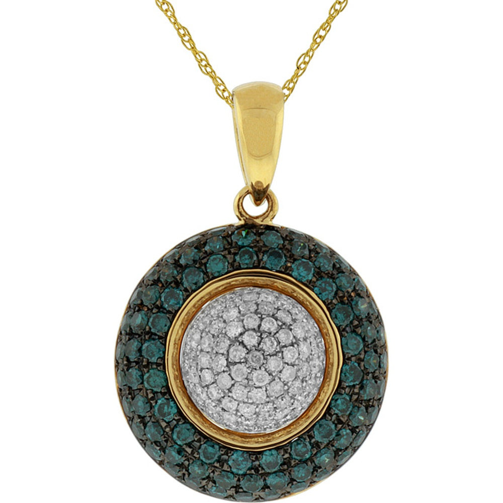 14K Yellow Gold Circular Pendant with Pavé Set Round White and Blue Diamonds - 0.33 Carat White and 1.10 Carat Blue Diamond Total Weight - Royal Jewelry