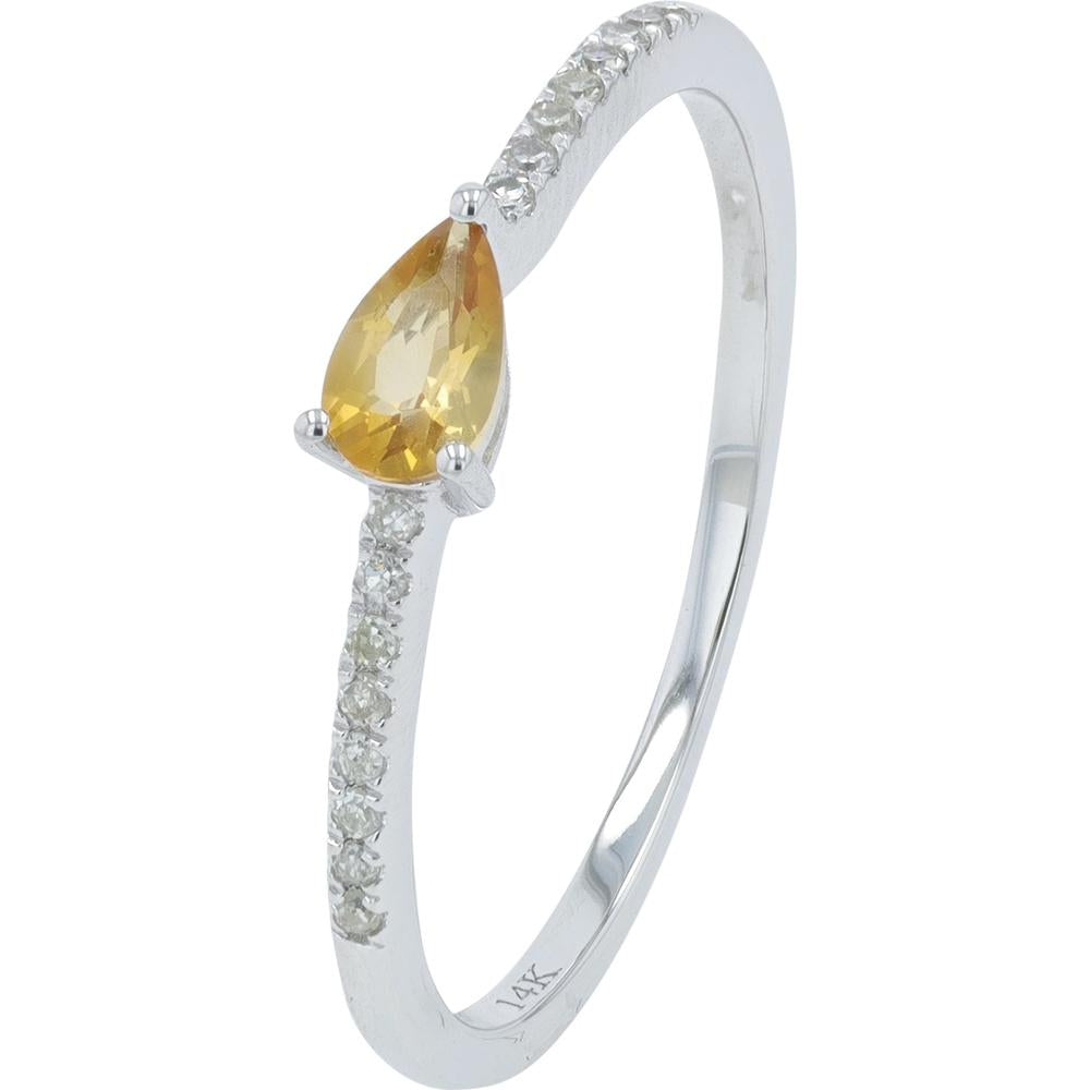 14K Yellow Gold Citrine and Diamond Pear-Shaped Ring - 0.16 Carat Total Gemstone Weight, 0.12 Carat Total Diamond Weight