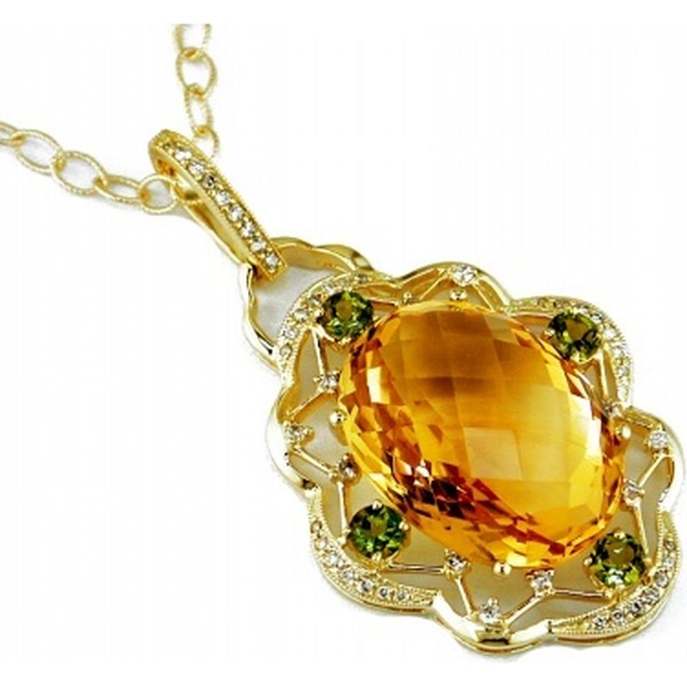 14K Yellow Gold Citrine & Diamond Pendant with Green Tourmaline Accents - 18.62 Carats Total Gem Weight