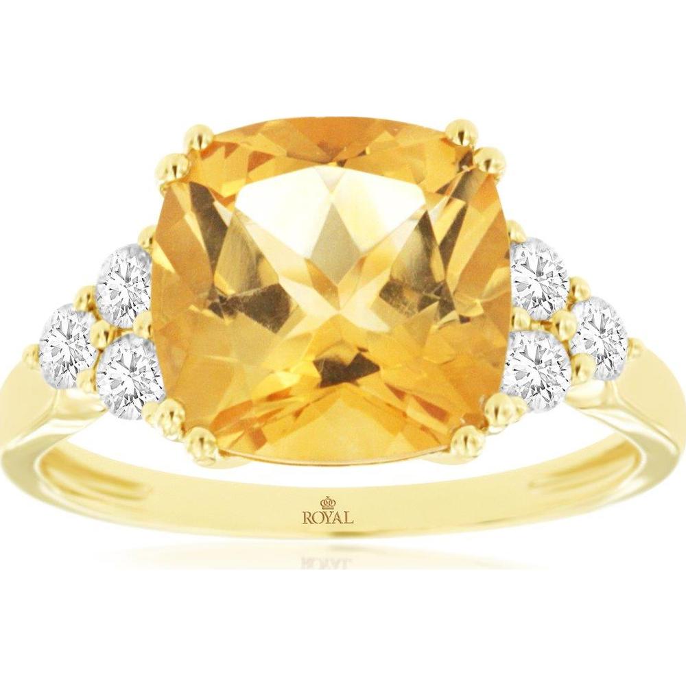 14K Yellow Gold Citrine & Diamond Ring with Cushion Cut Citrine - 3.8 Carat Citrine Weight & 0.45 Carat Total Diamond Weight - Royal Jewelry
