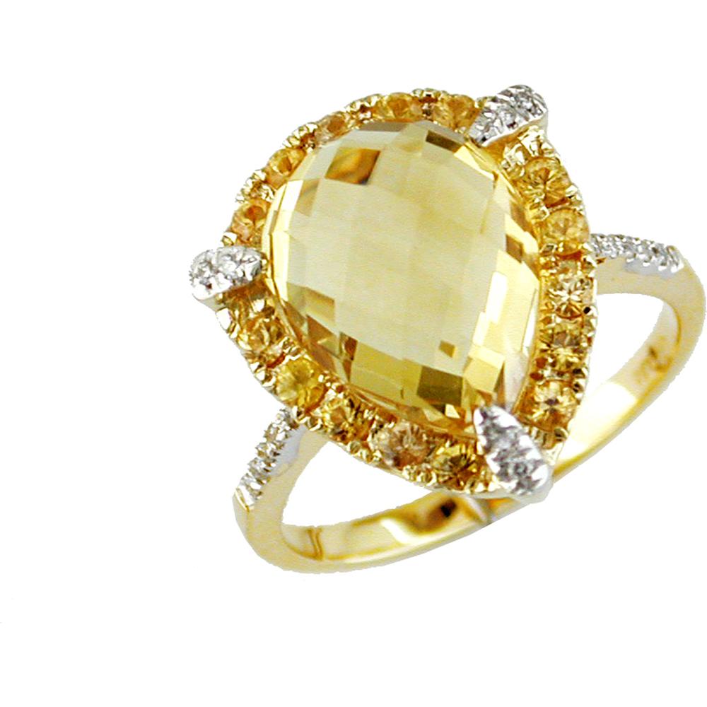 14K Yellow Gold Citrine and Yellow Sapphire Ring with Round Diamond Accents - 5.35 Carats Total Gem Weight
