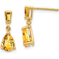 14K Yellow Gold Citrine Dangle Earrings with Baguette and Pear-Cut Citrine - 1.24 Carat Total Citrine Weight by Monteluci Fine Jewelry