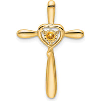 14K Yellow Gold Citrine Heart Cross Pendant with Round Citrine - 2.3mm Gemstone by Oro Pregiato