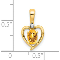 14K Yellow Gold Citrine Heart Pendant with Round Diamond Accent - 0.48 Carat Citrine, 0.007 Carat Diamond by Oro Pregiato