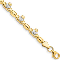 14K Yellow Gold Claddagh Bracelet with Diamond-Cut Polished Links and White Rhodium Plating - 7.25" Length by Oro Pregiato