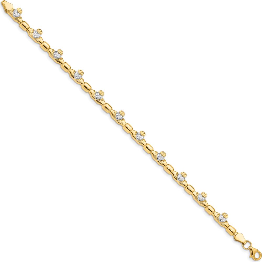 14K Yellow Gold Claddagh Bracelet with Diamond-Cut Polished Links and White Rhodium Plating - 7.25" Length by Oro Pregiato
