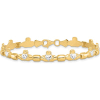 14K Yellow Gold Claddagh Bracelet with Diamond-Cut Polished Links and White Rhodium Plating - 7.25" Length by Oro Pregiato
