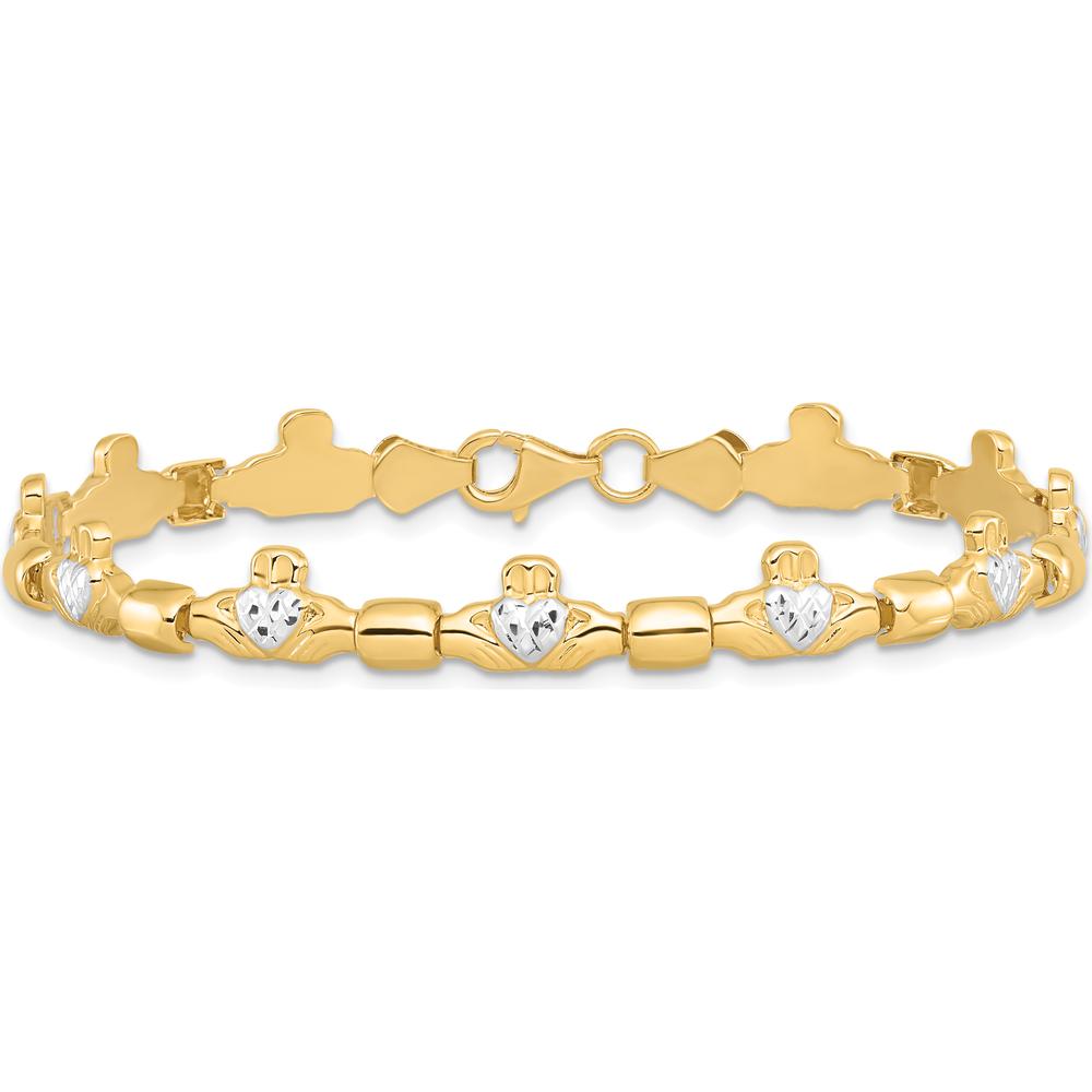 14K Yellow Gold Claddagh Bracelet with Diamond-Cut Polished Links and White Rhodium Plating - 7.25" Length by Oro Pregiato