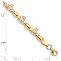 14K Yellow Gold Claddagh Bracelet with Diamond-Cut Polished Links and White Rhodium Plating - 7.25" Length by Oro Pregiato