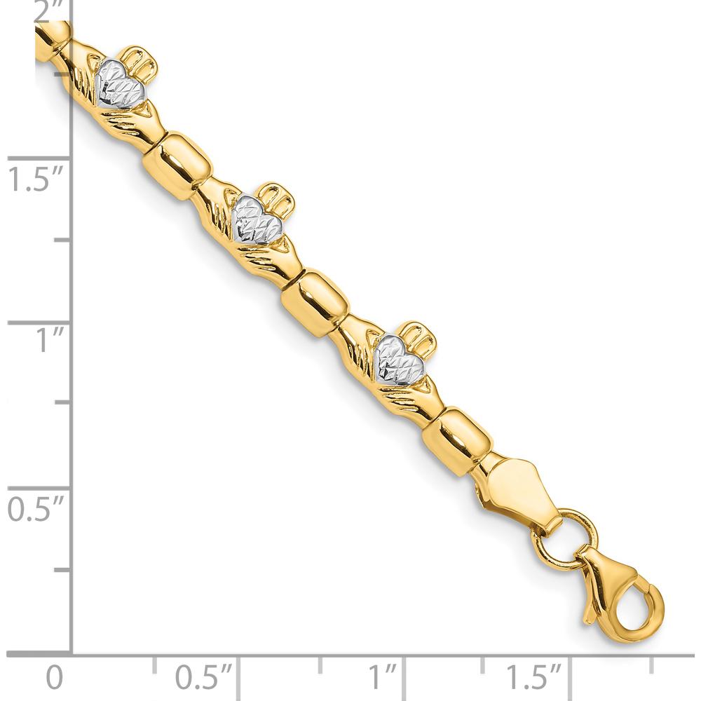 14K Yellow Gold Claddagh Bracelet with Diamond-Cut Polished Links and White Rhodium Plating - 7.25" Length by Oro Pregiato