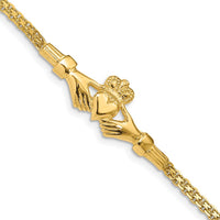14K Yellow Gold Claddagh Bracelet with Polished Finish and Bismark Chain - 7" by Oro Pregiato