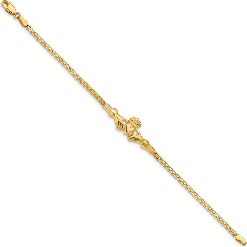 14K Yellow Gold Claddagh Bracelet with Polished Finish and Bismark Chain - 7" by Oro Pregiato
