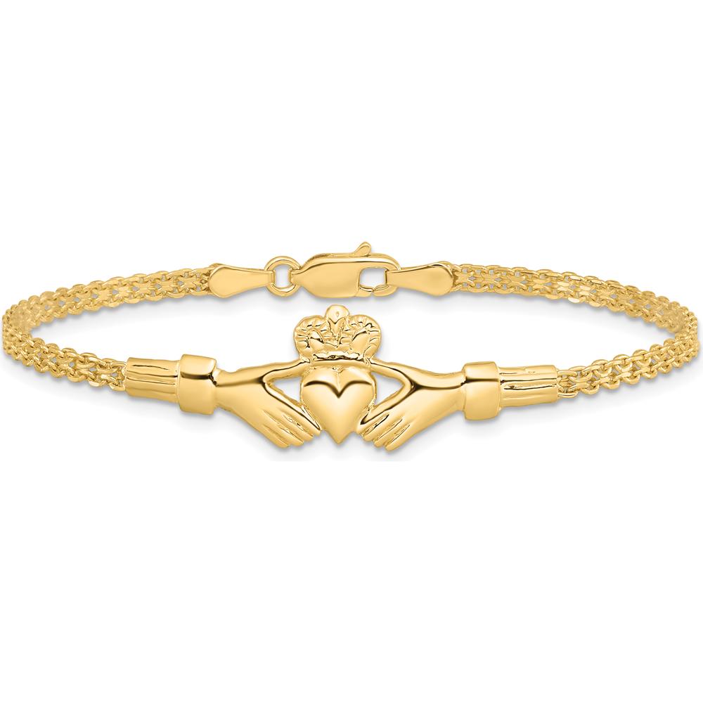 14K Yellow Gold Claddagh Bracelet with Polished Finish and Bismark Chain - 7" by Oro Pregiato