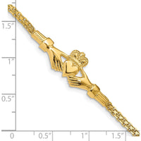 14K Yellow Gold Claddagh Bracelet with Polished Finish and Bismark Chain - 7" by Oro Pregiato