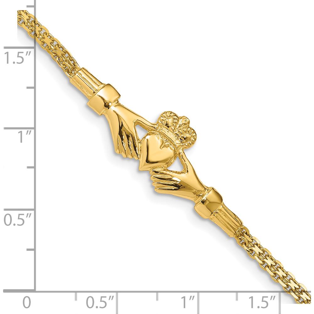14K Yellow Gold Claddagh Bracelet with Polished Finish and Bismark Chain - 7" by Oro Pregiato