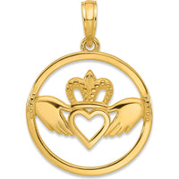 14K Yellow Gold Claddagh Circle Pendant - Timeless Love Symbol by Oro Pregiato