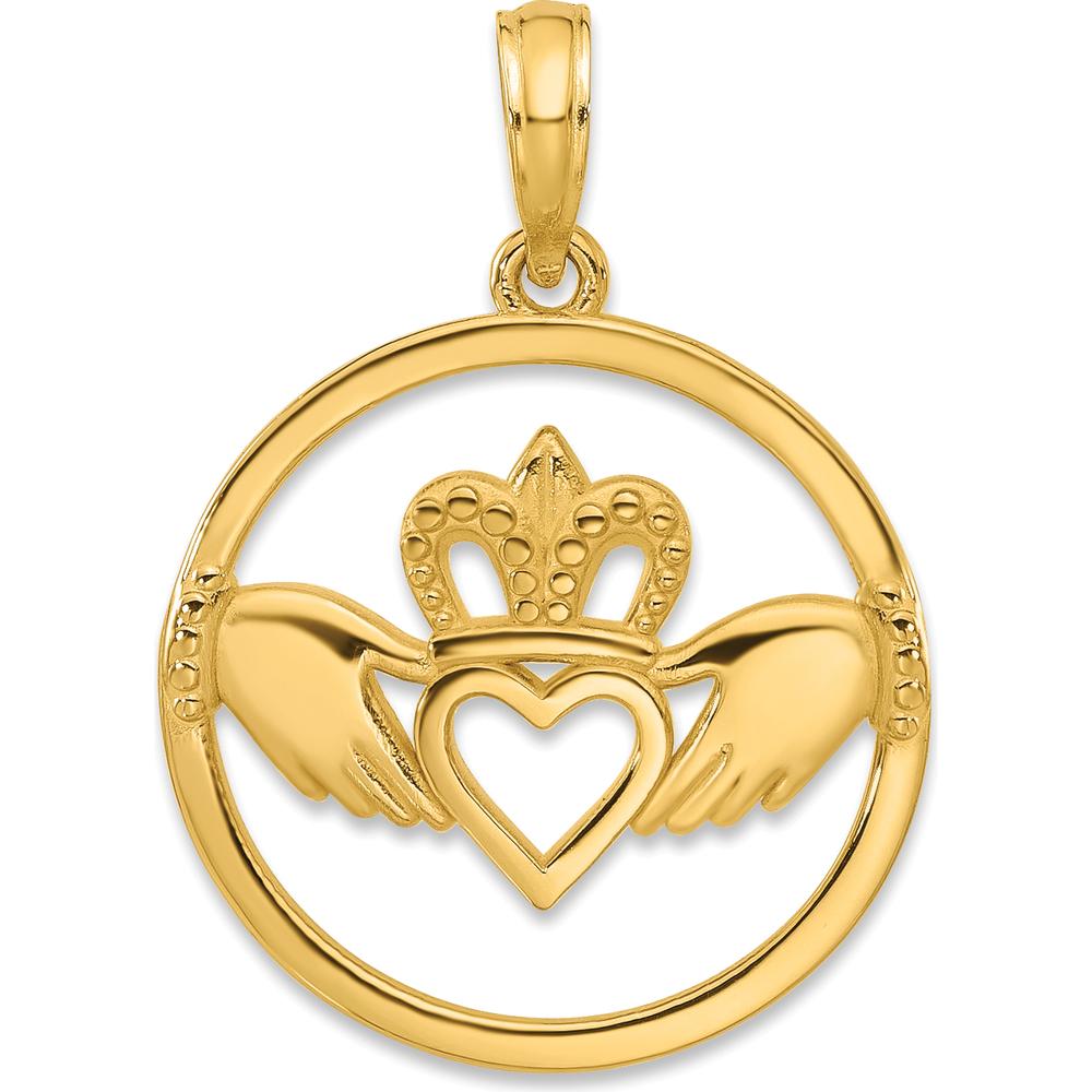 14K Yellow Gold Claddagh Circle Pendant - Timeless Love Symbol by Oro Pregiato