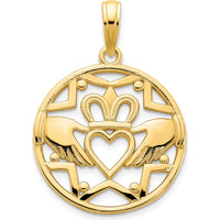 14K Yellow Gold Claddagh Circle Pendant with Polished Finish - 20.5mm Length by Oro Pregiato
