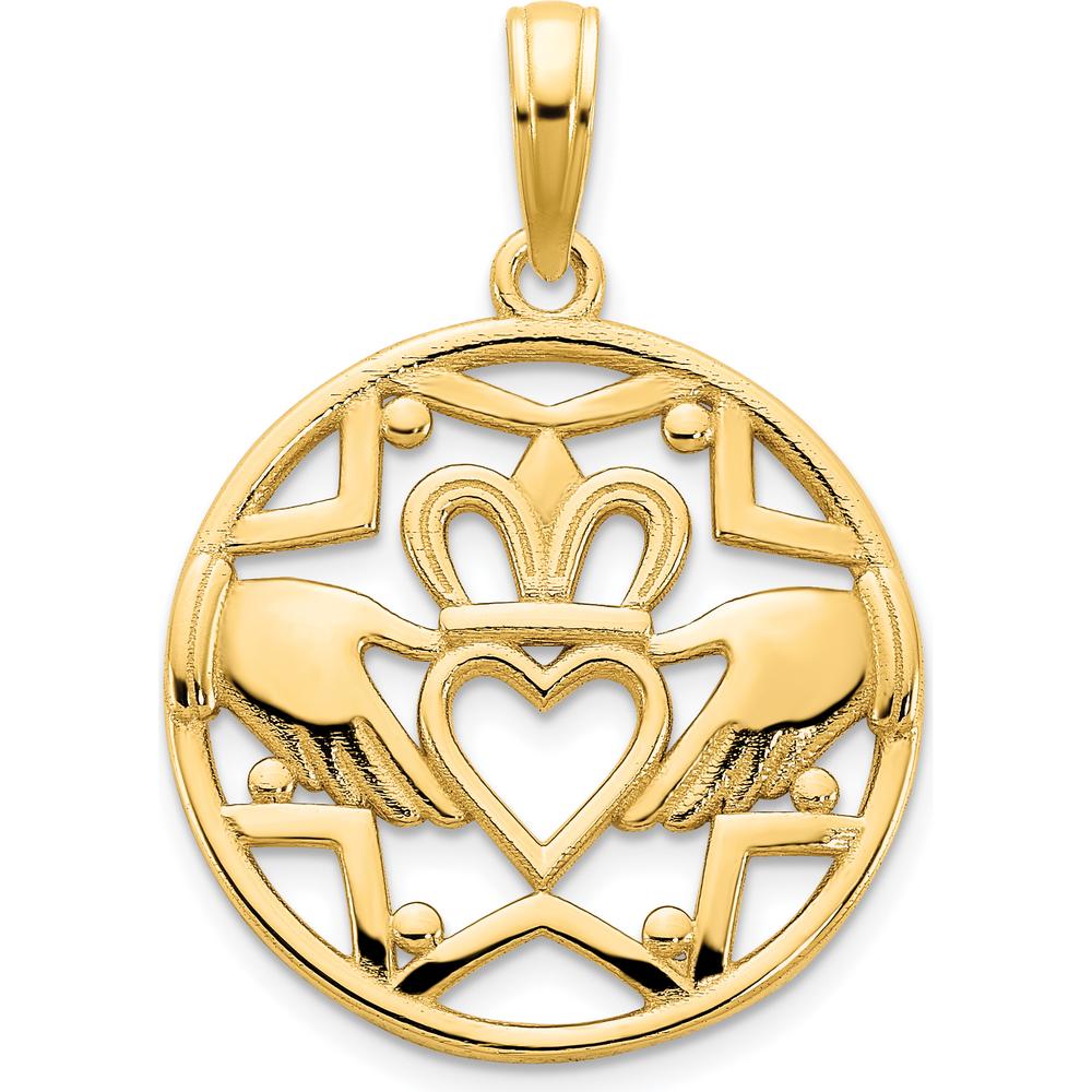 14K Yellow Gold Claddagh Circle Pendant with Polished Finish - 20.5mm Length by Oro Pregiato