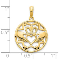 14K Yellow Gold Claddagh Circle Pendant with Polished Finish - 20.5mm Length by Oro Pregiato