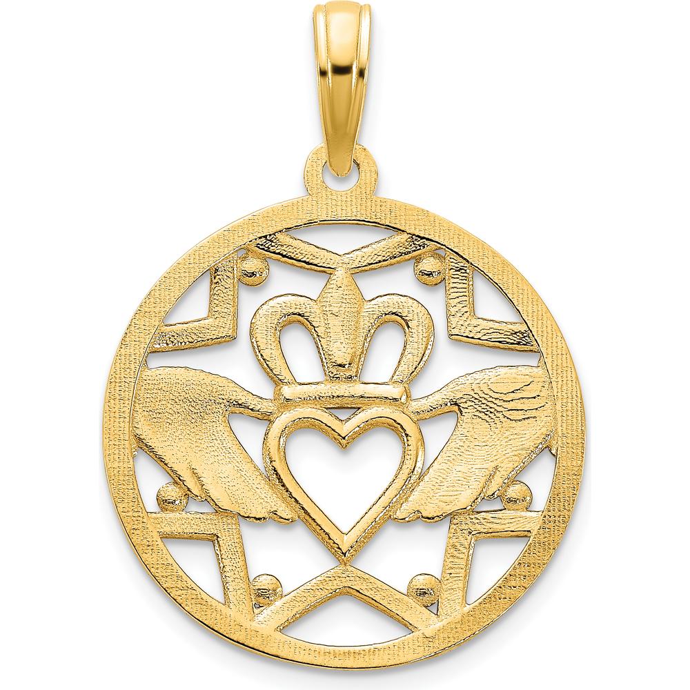 14K Yellow Gold Claddagh Circle Pendant with Polished Finish - 20.5mm Length by Oro Pregiato