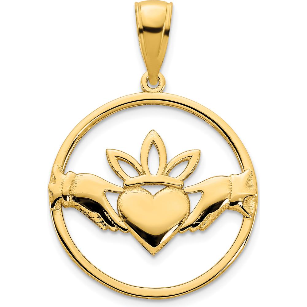 14K Yellow Gold Claddagh Circle Pendant with Polished Finish by Oro Pregiato