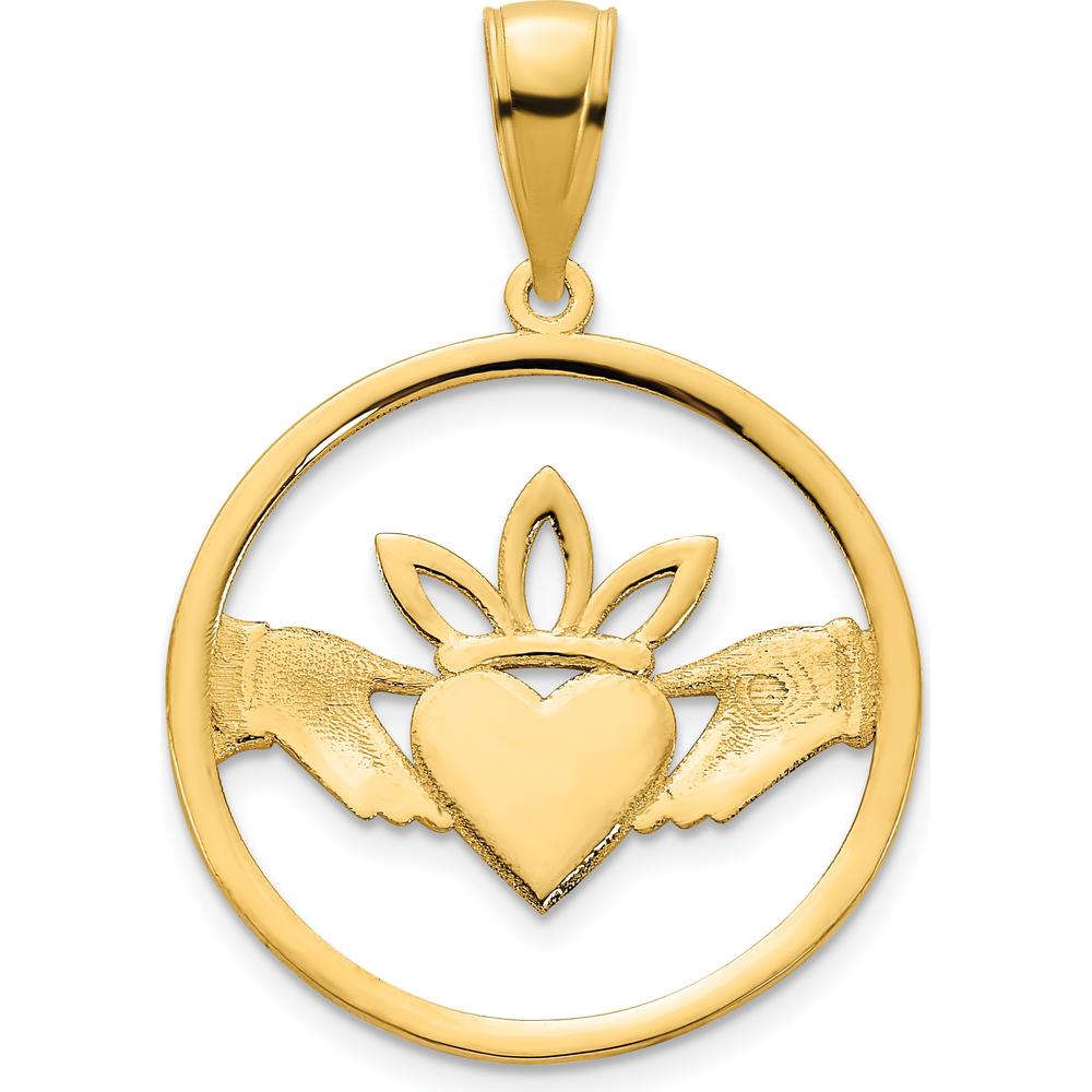 14K Yellow Gold Claddagh Circle Pendant with Polished Finish by Oro Pregiato