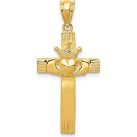 14K Yellow Gold Claddagh Cross Pendant with Polished Finish and Textured Back - 33mm Length by Oro Pregiato