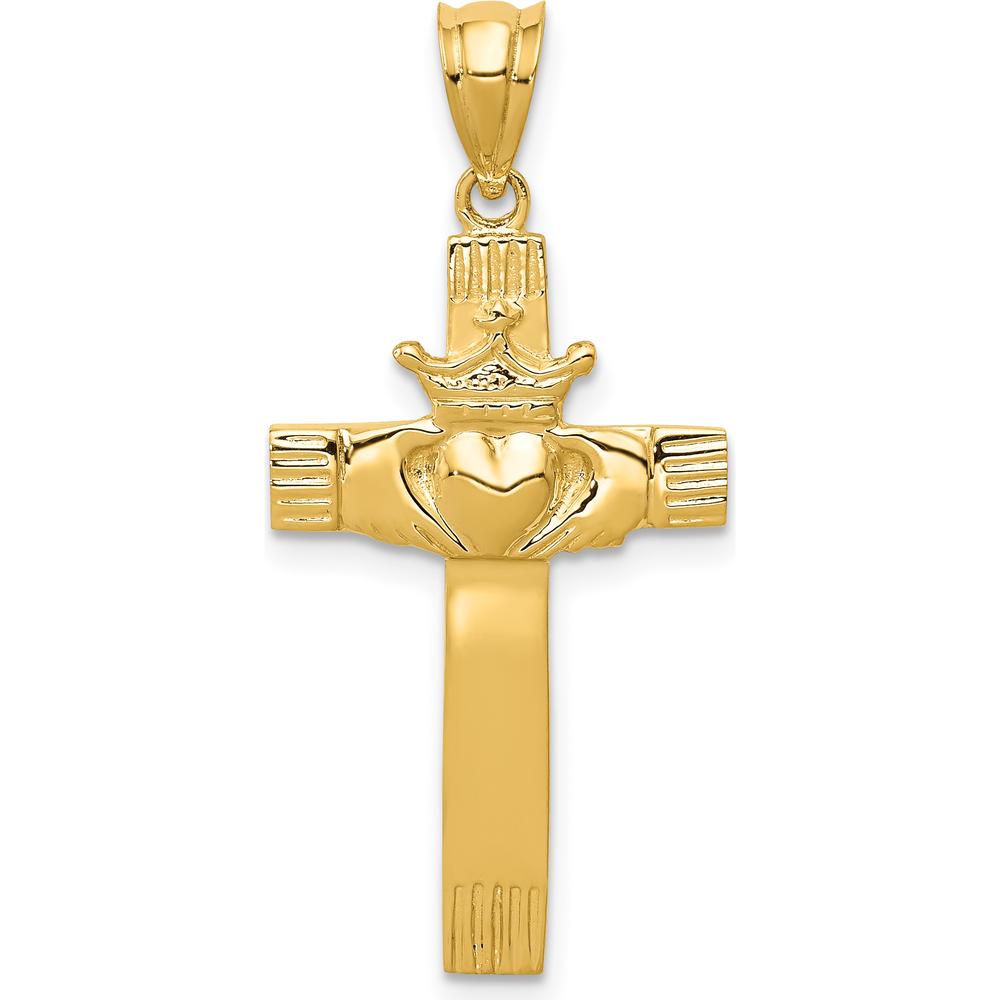 14K Yellow Gold Claddagh Cross Pendant with Polished Finish and Textured Back - 33mm Length by Oro Pregiato