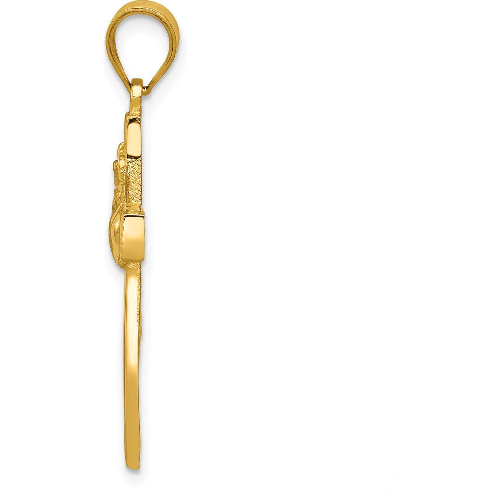 14K Yellow Gold Claddagh Cross Pendant with Polished Finish and Textured Back - 33mm Length by Oro Pregiato