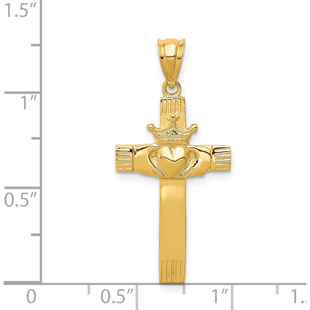 14K Yellow Gold Claddagh Cross Pendant with Polished Finish and Textured Back - 33mm Length by Oro Pregiato
