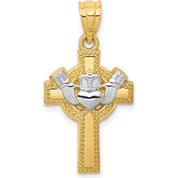 14K Yellow Gold Claddagh Cross Pendant with White Rhodium Accents - Polished Finish by Oro Pregiato