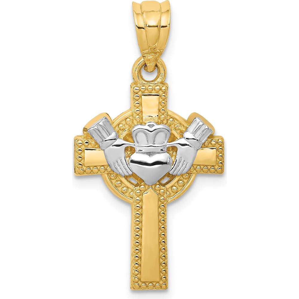 14K Yellow Gold Claddagh Cross Pendant with White Rhodium Accents - Polished Finish by Oro Pregiato