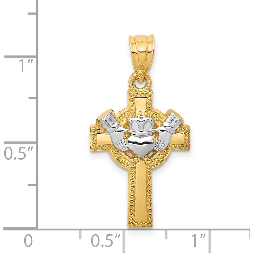 14K Yellow Gold Claddagh Cross Pendant with White Rhodium Accents - Polished Finish by Oro Pregiato