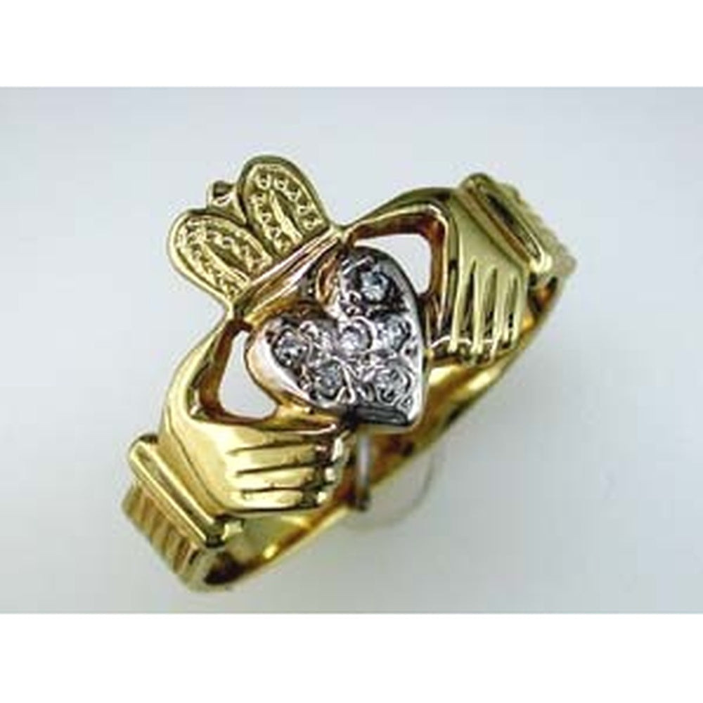 14K Yellow Gold Claddagh Heart Ring with Prong-Set Round Diamonds - 0.11 Carat Total Diamond Weight - Royal Jewelry