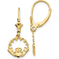14K Yellow Gold Claddagh in Circle Leverback Drop Earrings - Symbolic Love and Loyalty Design by Oro Pregiato