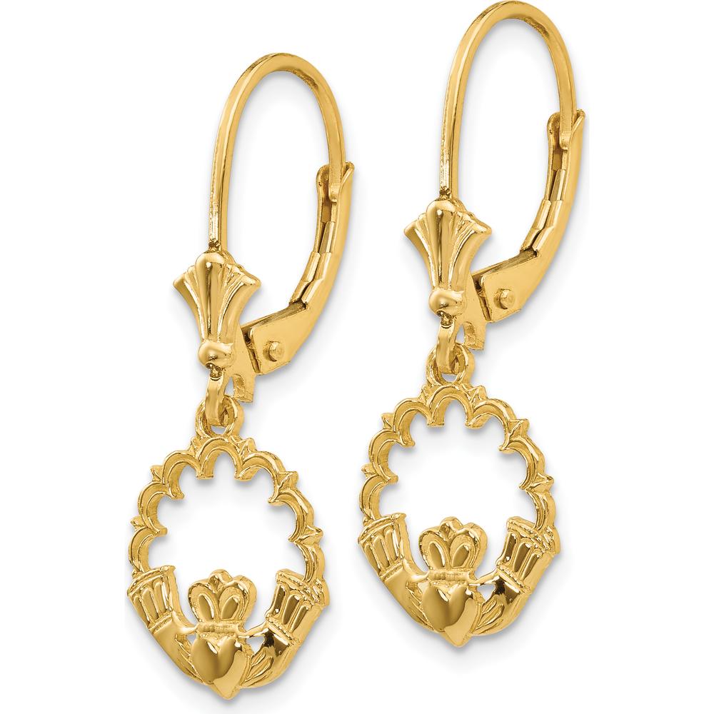 14K Yellow Gold Claddagh in Circle Leverback Drop Earrings - Symbolic Love and Loyalty Design by Oro Pregiato