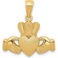 14K Yellow Gold Claddagh Pendant with Textured Crown - Elegant Heart and Hands Symbol of Love by Oro Pregiato