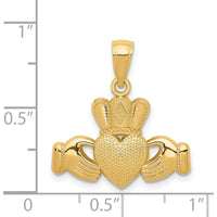 14K Yellow Gold Claddagh Pendant with Textured Crown - Elegant Heart and Hands Symbol of Love by Oro Pregiato