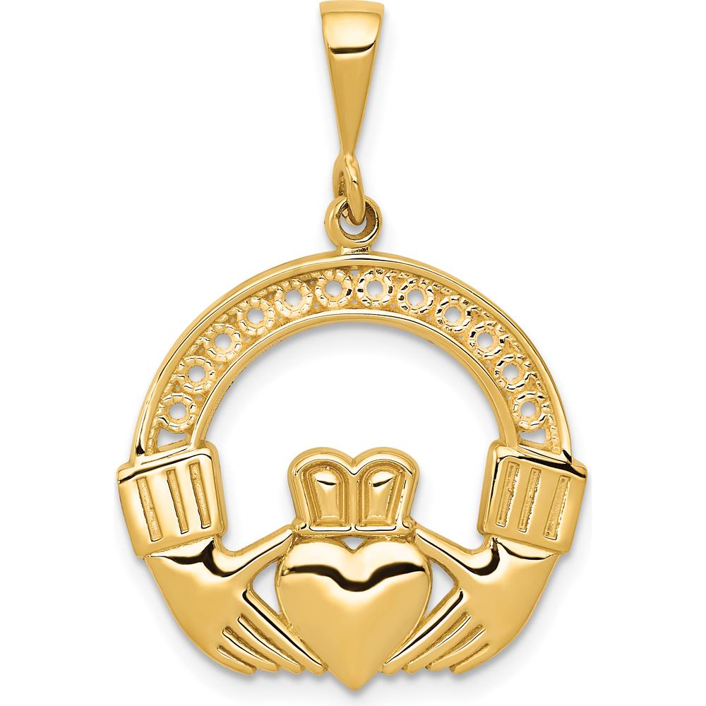 14K Yellow Gold Claddagh Pendant with Textured Finish - Love, Loyalty & Friendship Symbol by Oro Pregiato