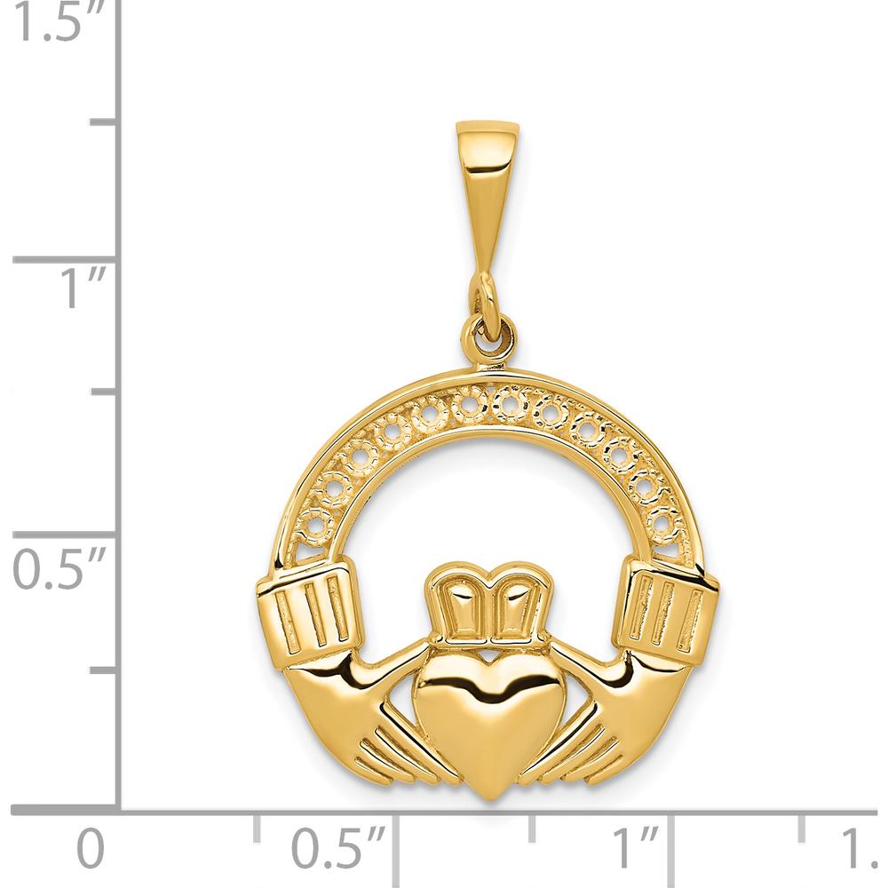 14K Yellow Gold Claddagh Pendant with Textured Finish - Love, Loyalty & Friendship Symbol by Oro Pregiato