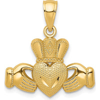 14K Yellow Gold Claddagh Pendant with Textured Heart and Crown Design by Oro Pregiato