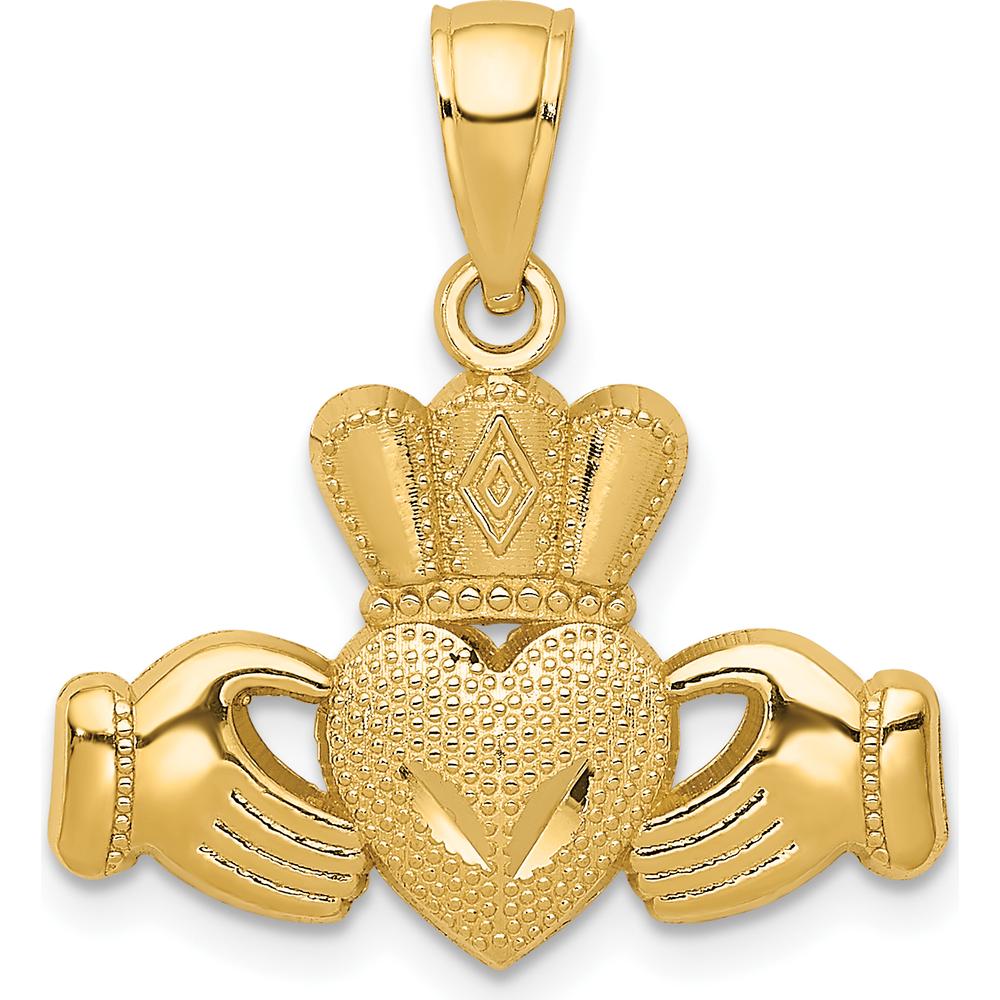 14K Yellow Gold Claddagh Pendant with Textured Heart and Crown Design by Oro Pregiato
