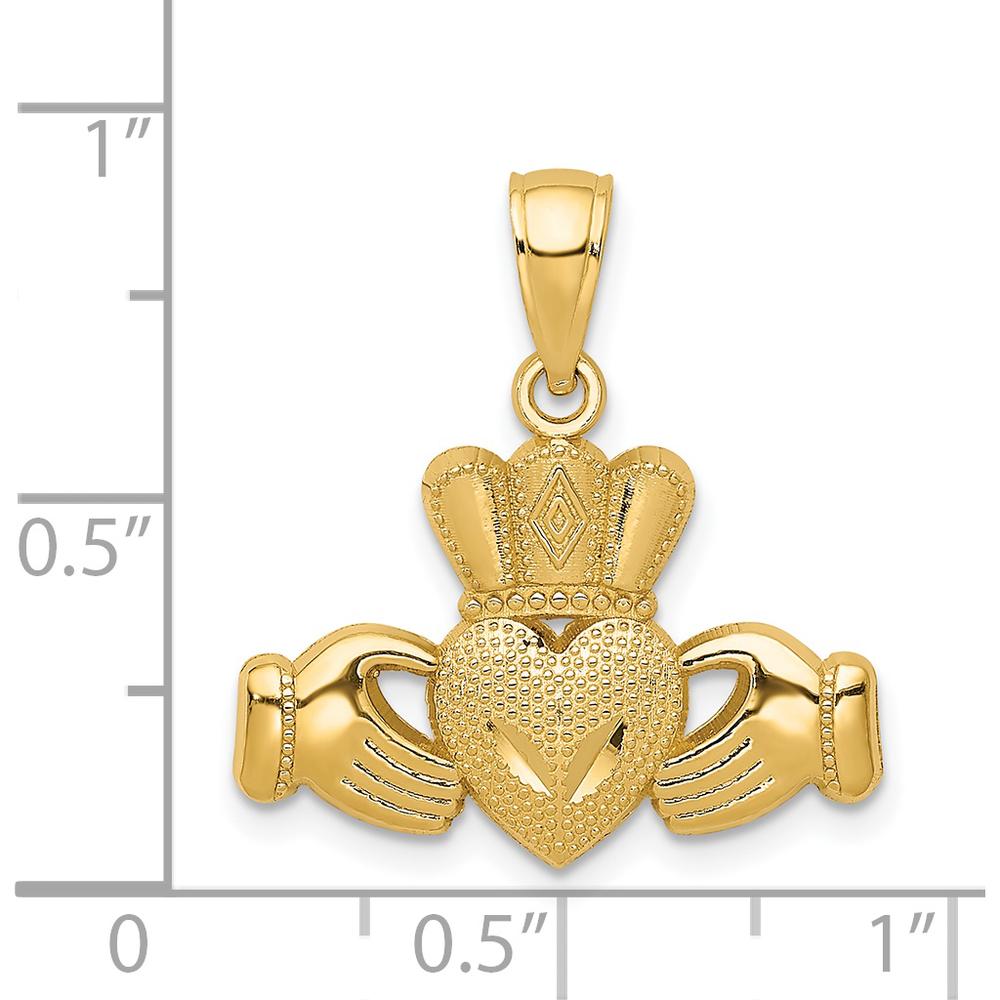 14K Yellow Gold Claddagh Pendant with Textured Heart and Crown Design by Oro Pregiato